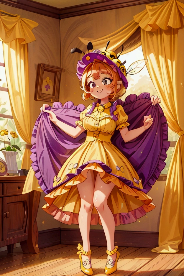 (masterpiece, best quality) standing, indoor, intricate detail, sunlight, yellow and purple frilly dress, purple and yellow shoes, orange hair, cute bee hat, brown dark eyes, smiley face, sexy pose, coquette, gorgeous legs, mature teenager body, lovely, gorgeous body, pronounced breasts