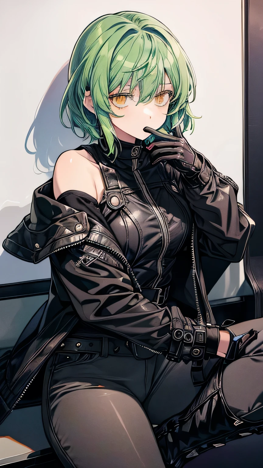   one girl，  green hair，  shortcut that doesn't shed bangs，  shortcut that doesn't shed bangs， yellow eyes，  black leather jacket，  off shoulder， Black Leather Pants ，black finger cutting gloves  ，  black boots，Around town，  is amazing before the competition ，  best quality，  Masterpiece 