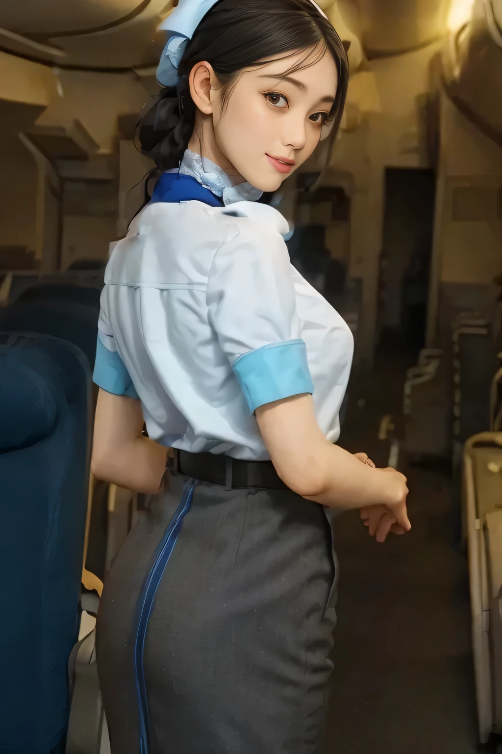 (masterpiece:1.2,  best quality:1.2), 32kHDR,  high resolution for loosely aligning the legs , (Alone、  1 girl)、（ Rooftop of a building during the day 、 Professional Writing ）、  in the background of the roof of the building  、（ANA cabincrew uniform blueを着たリアルスタイル）、（（ ANA flight attendant uniform blue short sleeve blouse  、 ANA flight attendant uniform blue skirt with blue lines on the back、 Scarf around the neck ））、  lots of dark brown hair  、（  long hair、Hair tied up、Hair tied up,  braid summary hair  ）、  lots of dark brown hair  、Long Hit、Big Breasts、Thin legs、（（ Amazing hands ：2.0）），（（  harmonious physique with the roof of the building in the background  ：1.5）），（（Normal limbs：2.0）），（（The usual ：2.0）），（（  delicate eyes ：2.0）），（（Normal eyes：2.0））)、smile、（ANA cabincrew uniform blueを見せた美しい後ろ姿）、Hands folded under the body 
