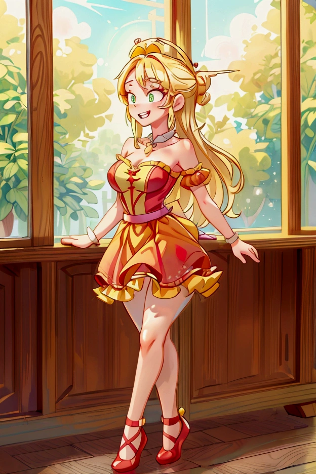 (Masterpiece, best quality) 1 girl, standing indoors with intricate details and sunlight, red and yellow frilled dress with short neckline, red shoes, blonde long hair, green eyes, sexy smile, teeth showing, sexy pose, coquette, confidense acttitude, beautiful long legs, mature  girl, gorgeous body, pronounced breasts.