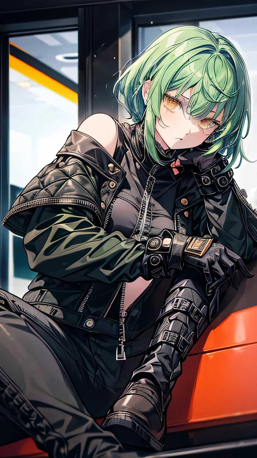   one girl，  green hair，  shortcut that doesn't shed bangs，  shortcut that doesn't shed bangs， yellow eyes，  black leather jacket，  off shoulder， Black Leather Pants ，black finger cutting gloves  ，  black boots，Around town，  is amazing before the competition ，  best quality，  Masterpiece 