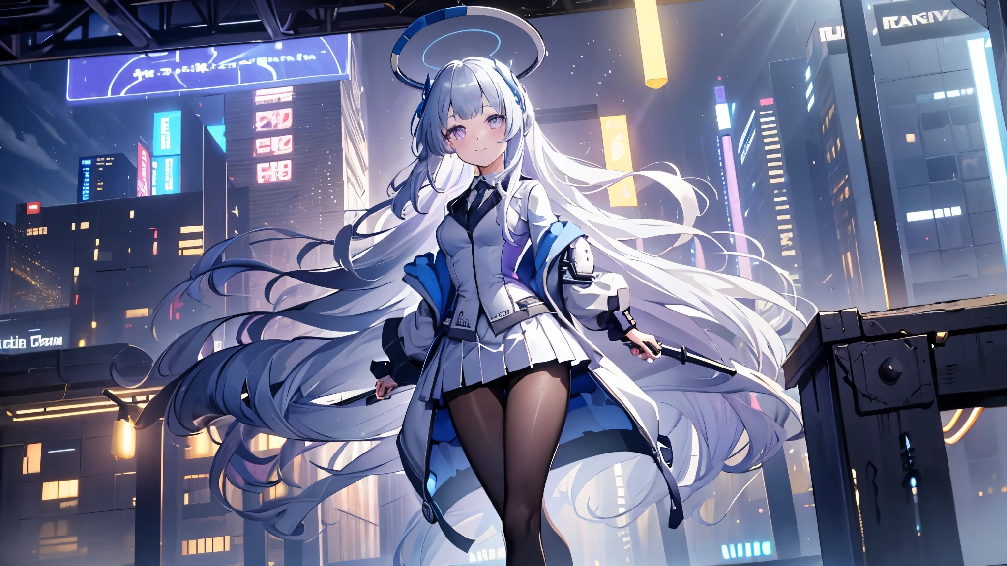 ( best quality ,4K,8K, high resolution, masterpiece :1.2), super detailed , girl ,Holy,( silver white hair ) ,obsessed, graceful standing,玩得 happy ,in love, cute cloth , Exquisite clothing,pattern,Swimsuit, happy , Sci-fi city , Unique ,Small amount of armor , confrontation ,rain, sci-fi combat suit ,Fight with a woman with purple hair