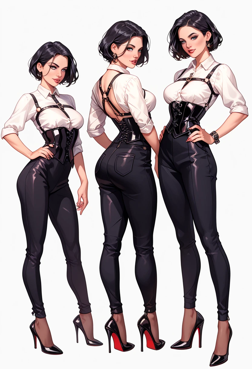  Black hair ,with short hair,adult women ,bartender,((body harness)),(( Rounded sleeve shirt)),(a corset),(Slacks),(gap), high-heeled shoes ,((simple background)), ulybka,(( full body)),((whole body)), character design ,