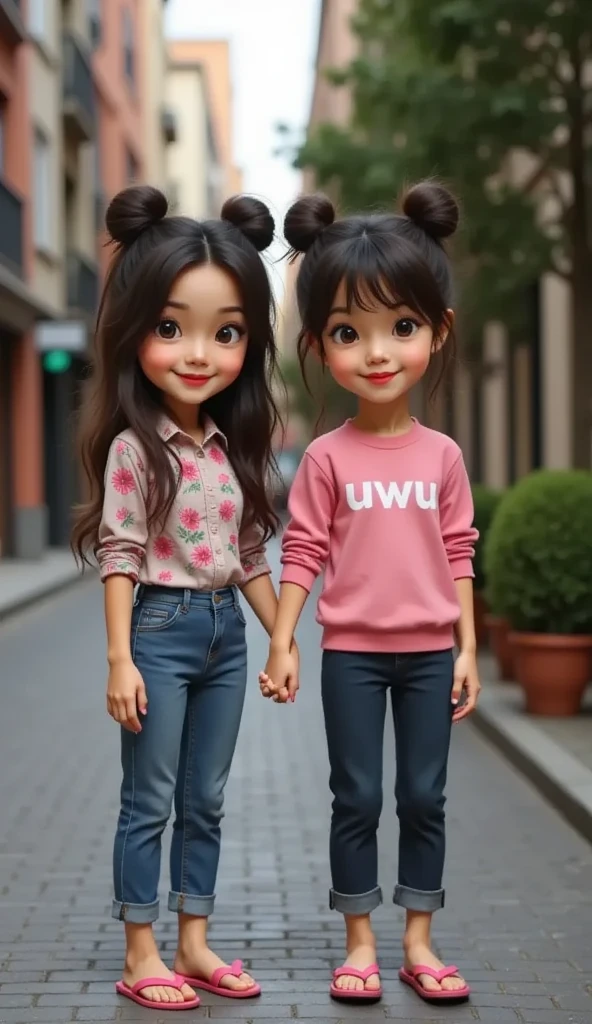 3D animation pixar of amira with ((woman with long loose wavy hair no buns)), amira wearing floral print shirt and blue apron and jeans with pink sandal, standing up in market street with , adorable with long messy wavy hair,  vibrant and contrast colours, amira holding hand with cute short  and adorable with her hair in two buns on top and bangs, a beautiful and cute girl, blushing cheeks, wearing a pink sweater with "uwu" printed on the front ((uwu printed in white)), blue trousers, pink flip-flops, holding hands, pixar, 3d animations