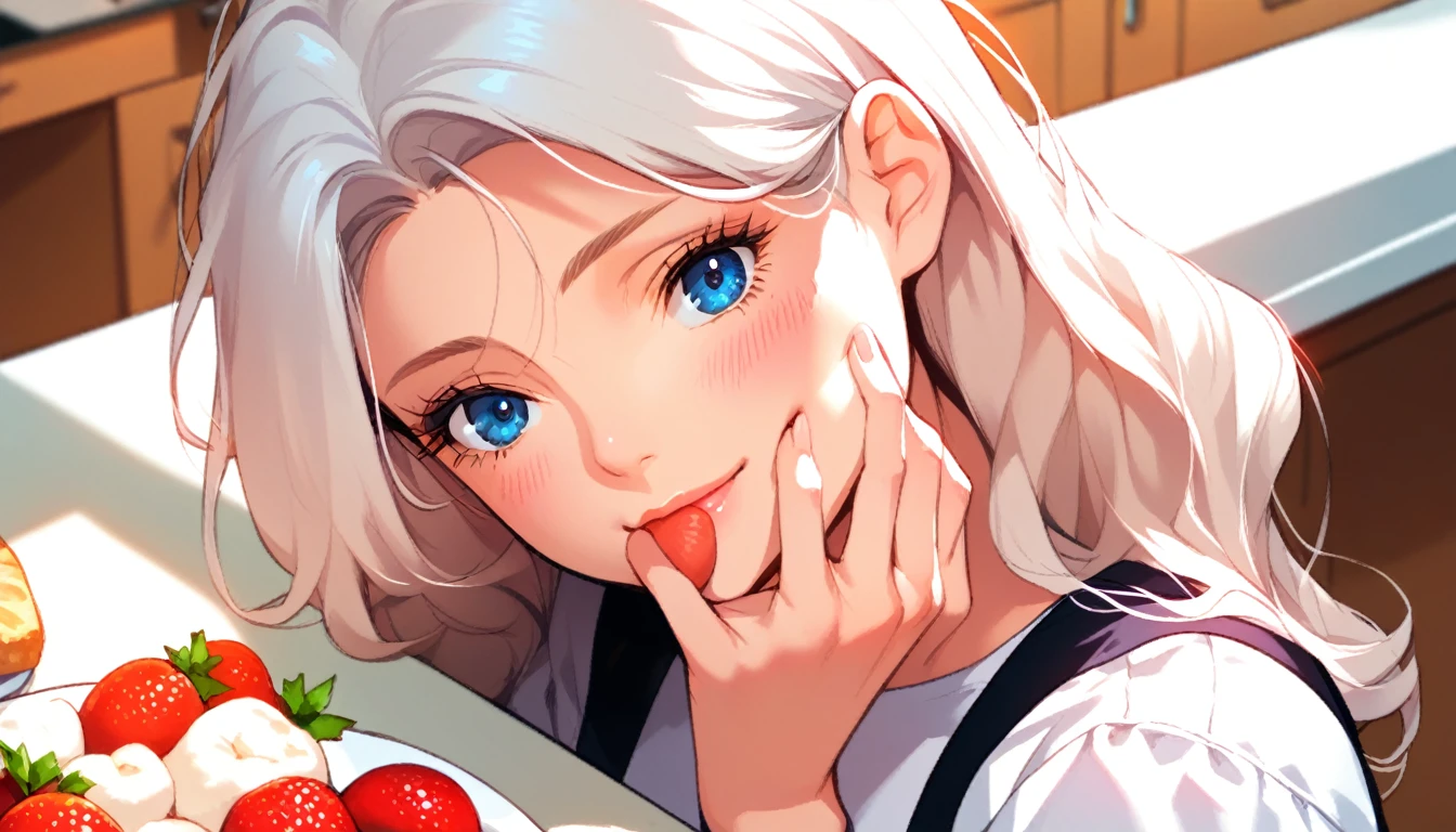 Adult female, 37 years old, long white hair, pale skin and slight blush on cheeks, blue eyes, beautiful anime appearance sharp facial features, wearing a white blouse, long black satin skirt. Looking down at the girl from above. Finger at the mouth. The scene is an expensive kitchen in a flat. A table with a white tablecloth. Sitting on the table. One leg hanging down. Haughty expression, imperious smile, provocation.