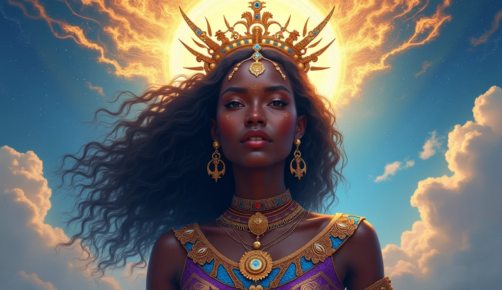 Crie imagem realista de uma mulher, guerreira negra africana da mitologia grega, vestida em uma armadura de cor dourada. Ela deve ser retratada como uma figura musculosa, with braided hair, enquanto adiciona um suave brilho do sol na imagem. Be sure to emphasize the beauty and strength of the goddess with the lunar image background. without including elements that violate content policies