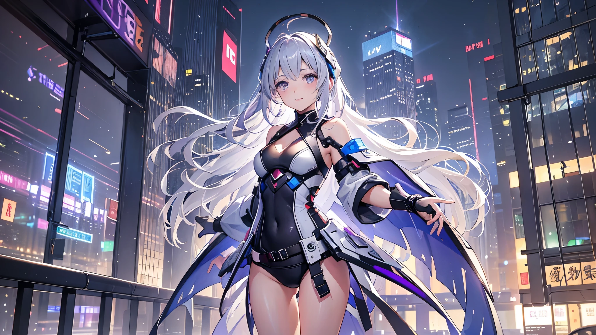 (   best quality ,4K,8K,   high resolution, masterpiece :1.2),     super detailed    ,  girl ，Holy，(   silver white hair   ) ，obsessed，  graceful standing，玩得  happy  ，in love，  cute cloth   ， Exquisite clothing，pattern，Swimsuit，  happy  ， Sci-fi city ，  Unique  ，Small amount of armor ， confrontation ，rain，  sci-fi combat suit  ，Fight with a woman with purple hair