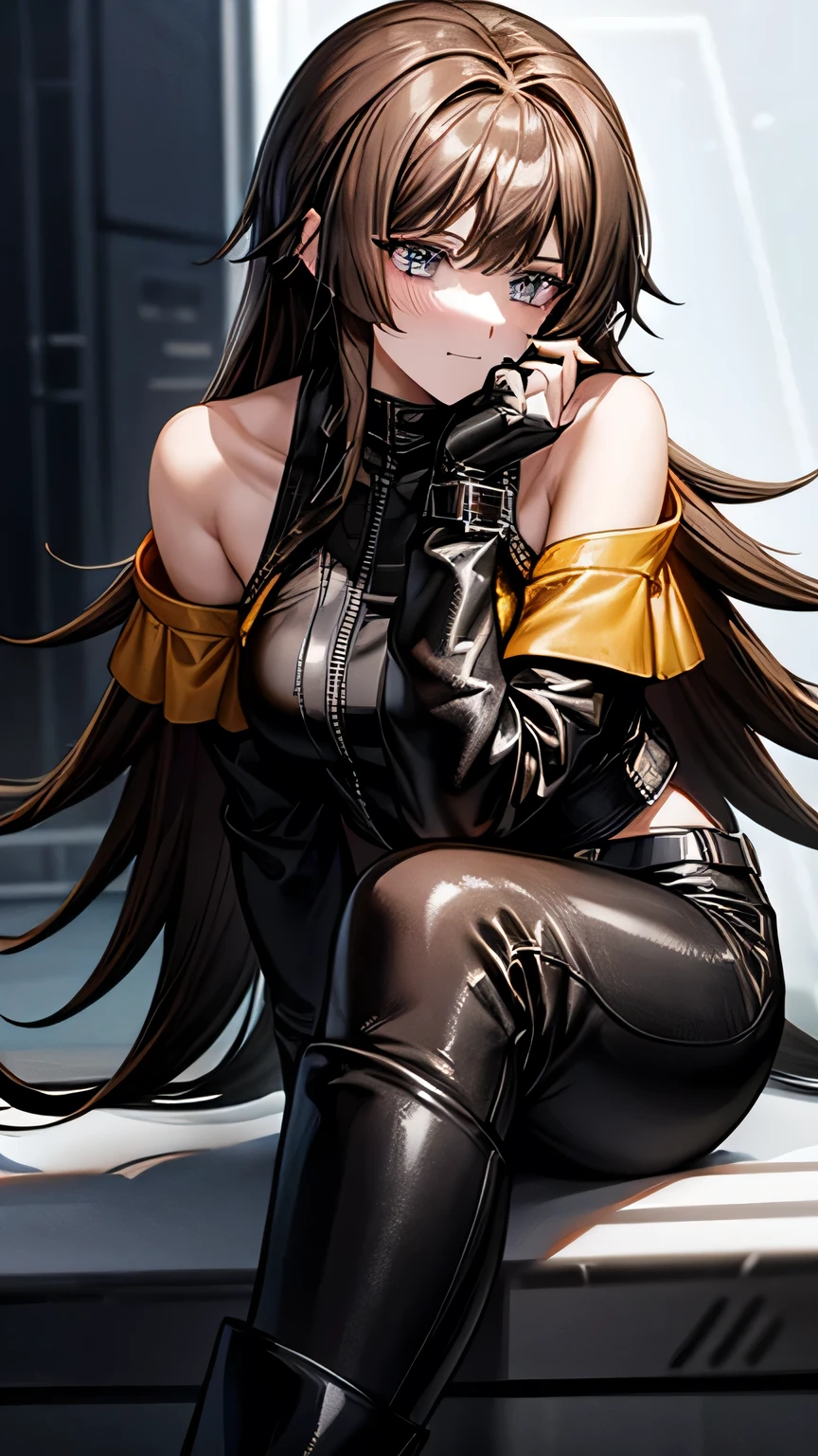   one girl，Brown Hair， Long Hair，  yellow leather jacket ，  off shoulder， Black Leather Pants ，black finger cutting gloves  ，  black boots，Around town，  is amazing before the competition ，  best quality，  Masterpiece 