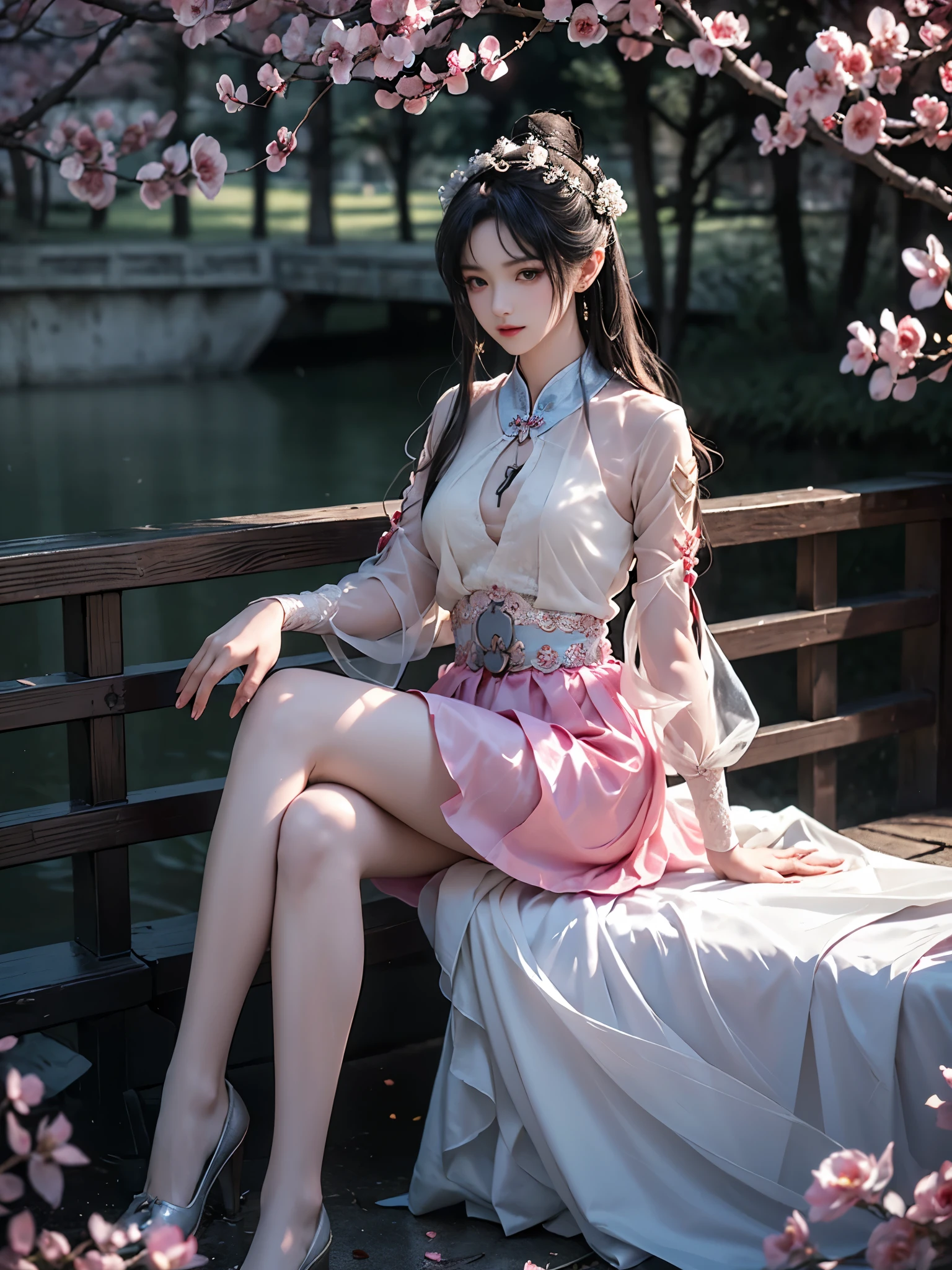 guqinghan, naraka, Chinese traditional clothes, china dress, (sitting cross-legged elegantly on a surface:1.4), (one leg slightly bent:1.3), (relaxed shoulders and straight back:1.2), (comfortable natural sitting pose:1.3), (beautiful slim young woman:1.4), (anatomically correct proportions:1.5), (long slender legs:1.6), (natural elegant posture:1.3), soft lighting, detailed anatomy, (sitting on scattered rose petals:1.3), (short skirt:1.4), floating cherry blossoms, (gentle breeze motion:1.3), confident expression looking at camera, natural makeup, silky hair with accessories, warm ambient lighting, shallow depth of field, professional photography, masterpiece quality, 8k UHD