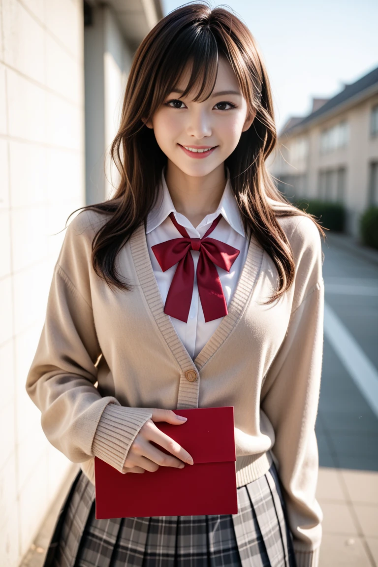 score_9,score_8_up,score_7_up,source_photo,
realistic,photo,(sharp focus),(backlit photo:1.4),dramatic shadows,raw lighting,dynamic angle,
BREAK
Japanese girl,
black eyes,large breasts
slim round face,
(school uniform),
(outerwear is pale beige cardigan:1.2),
(sleeves past wrists:1),
(innerwear is white collared shirt:1.2),
(red string neck ribbon:1.1),
BREAK
(bottomwear is black and grey plaid pattern skirt:1.2),(pleated skirt, miniskirt:1.2),
outdoor,upper_body, smile