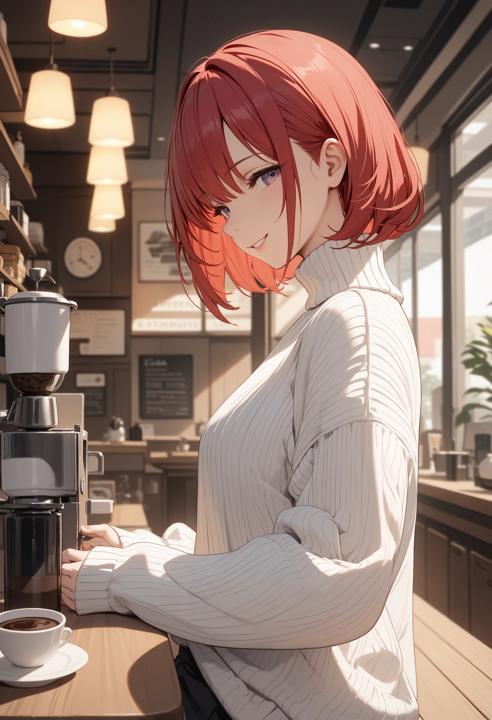 (masterpiece, best quality, 4k, very detailed), long shot, red bob hair, little smile, tall, white loose turtleneck sweater, one woman, waiting coffee, in cafe