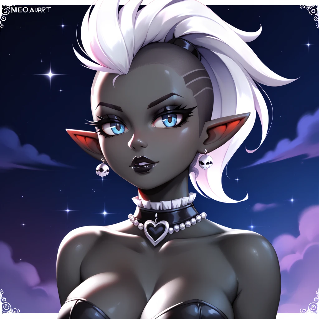 score_9, score_8_up, score_7_up, ((Masterpiece)), ((highres)), ((1person, 1girl, 1female)), Random poses, beautifully detailed succubus girl, ((white mohawk w/ponytail)), defined elf ears with ear guages, defined eyes, pastel iris, long eye lashes, defined nose, black lipstick, curvy, cashmere, (((Black skin))), black demon horns, breasts, night sky, neo-gothic style, neo-gothic style art, gothic asthetic, (((neo-gothic background))), waist shot, 