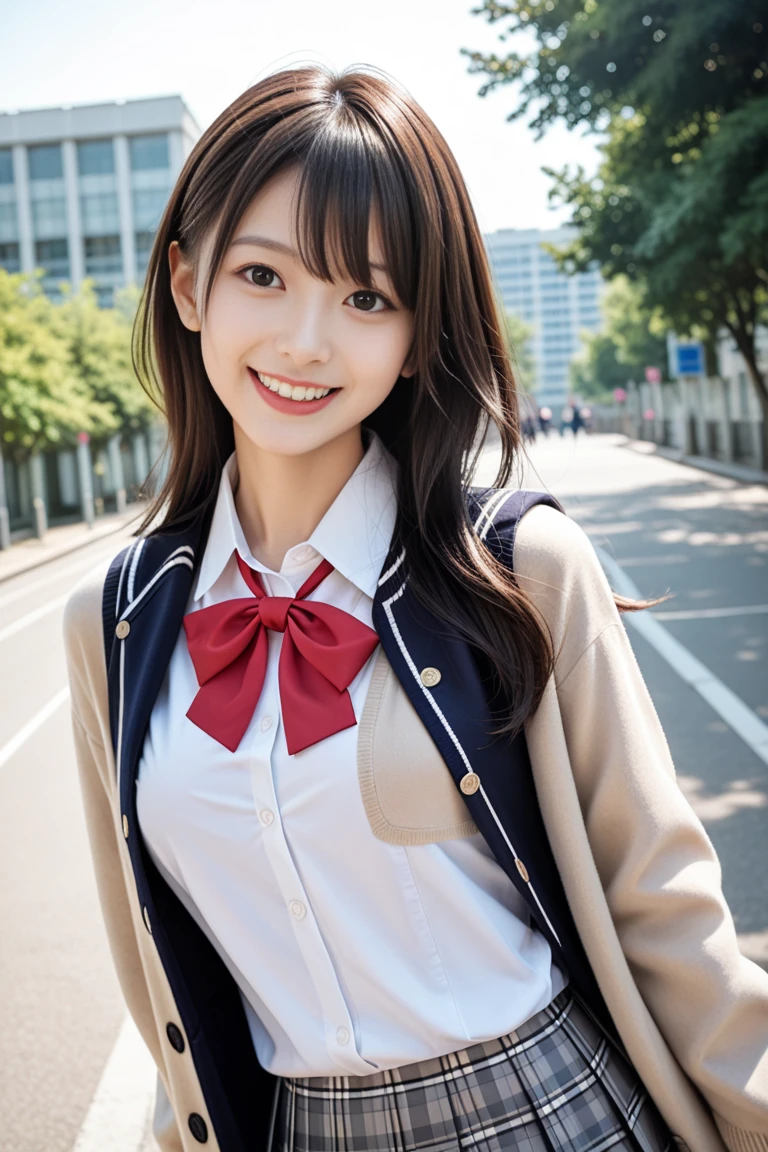 score_9,score_8_up,score_7_up,source_photo,
realistic,photo,(sharp focus),(backlit photo:1.4),dramatic shadows,raw lighting,dynamic angle,
BREAK
Japanese girl,
black eyes,large breasts, (happiness smile:0.8)
slim round face,
(school uniform),
(outerwear is pale beige cardigan:1.2), (detailed eyes, detailed face)
(sleeves past wrists:1),
(innerwear is white collared shirt:1.2),
(red string neck ribbon:1.1),
BREAK
(bottomwear is black and grey plaid pattern skirt:1.2),(pleated skirt, miniskirt:1.2),
outdoor,upper_body, smile