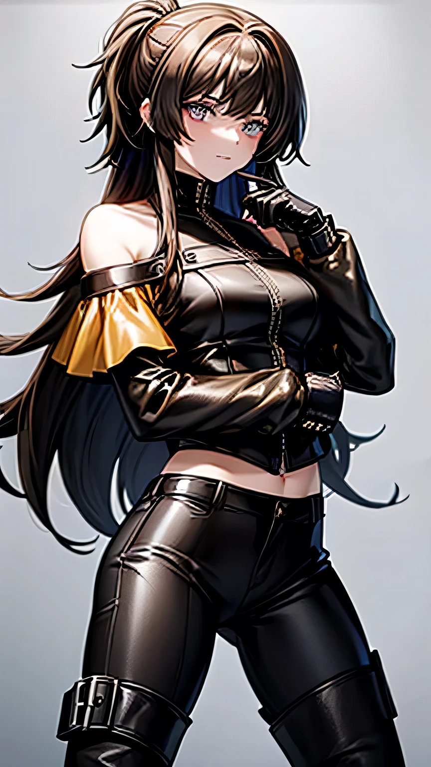   one girl，Brown Hair， Long Hair，  yellow leather jacket ，  off shoulder， Black Leather Pants ，black finger cutting gloves  ，  black boots，Around town，  is amazing before the competition ，  best quality，  Masterpiece 