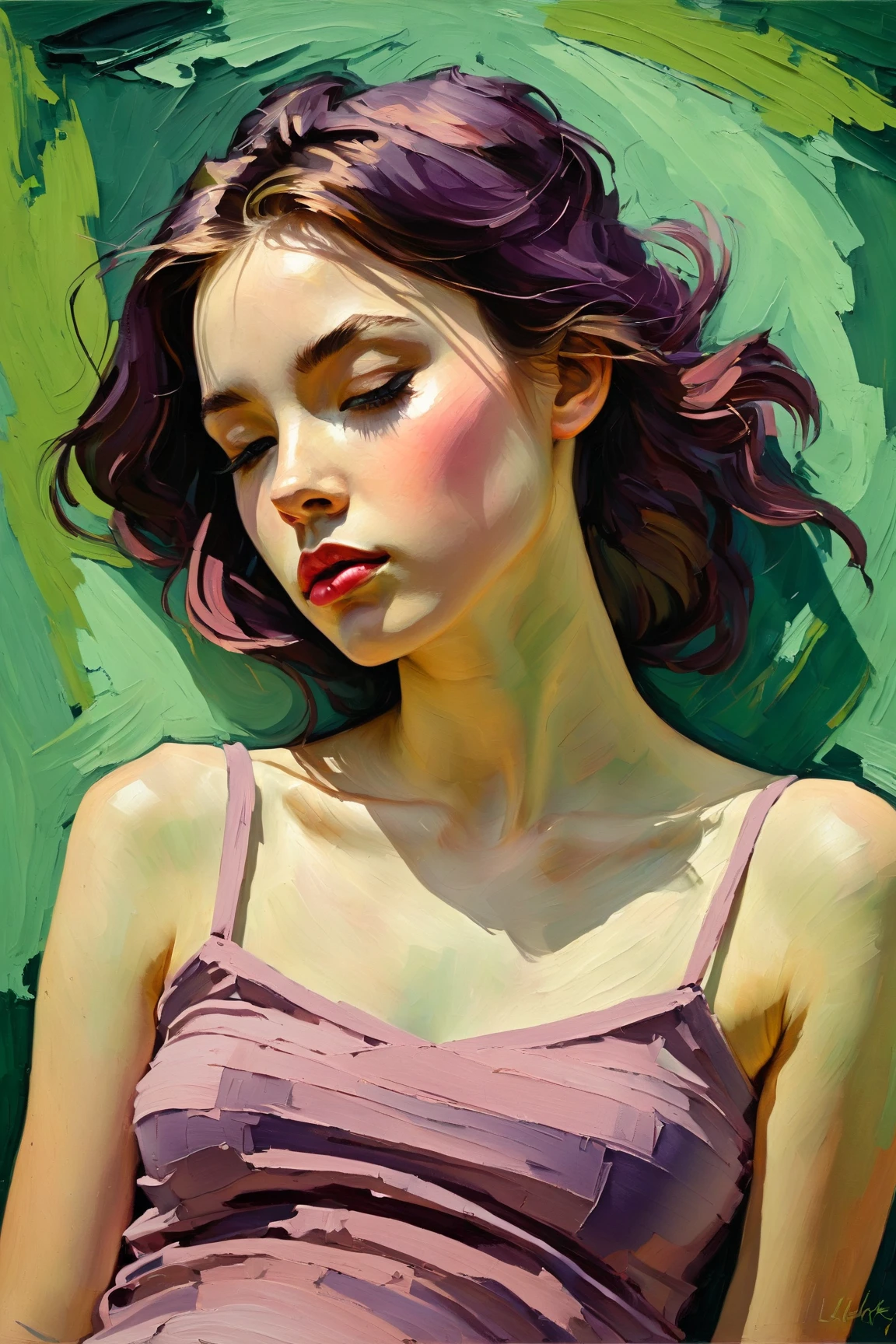 Create a portrait of a young woman in a semi-reclining pose with a pensive expression. Use a painterly style inspired by Malcolm Liepke, characterized by expressive brushstrokes and rich texture. Employ a color palette of muted greens, soft pinks, deep purples, and subtle flesh tones to evoke a sense of depth and emotion. The background should consist of abstract, textured layers in complementary colors, blending seamlessly with the figure. Pay attention to the contrast between the smooth, detailed rendering of the face and the rough, textured application of paint in the surrounding areas. Capture the delicate balance of vulnerability and strength in the subject's gaze and posture