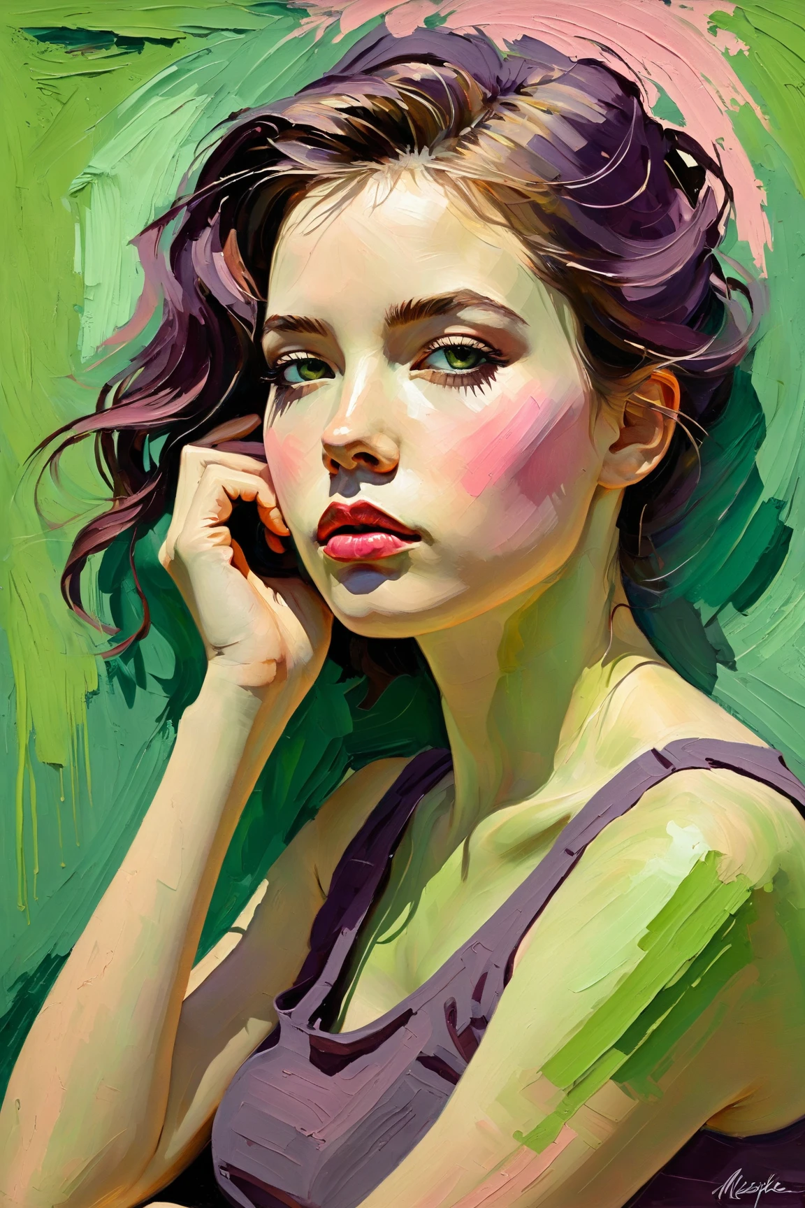 Create a portrait of a young woman in a semi-reclining pose with a pensive expression. Use a painterly style inspired by Malcolm Liepke, characterized by expressive brushstrokes and rich texture. Employ a color palette of muted greens, soft pinks, deep purples, and subtle flesh tones to evoke a sense of depth and emotion. The background should consist of abstract, textured layers in complementary colors, blending seamlessly with the figure. Pay attention to the contrast between the smooth, detailed rendering of the face and the rough, textured application of paint in the surrounding areas. Capture the delicate balance of vulnerability and strength in the subject's gaze and posture