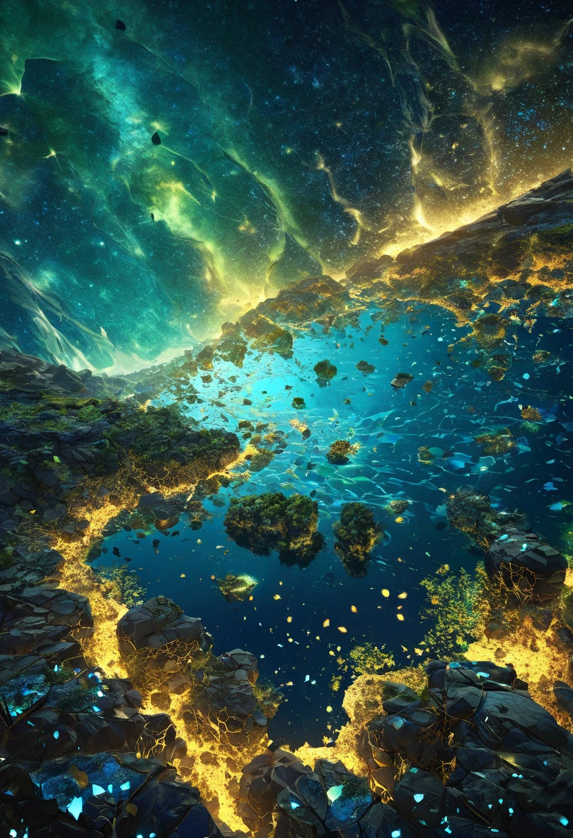 The Fractured Earth
A surreal depiction of Earth split into massive floating chunks, each piece glowing with life—lush forests, shimmering oceans, and golden cities. Between the fragments, streams of glowing stardust and tiny meteorites float in an endless void.