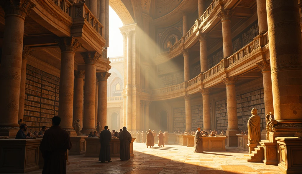 The library of alexandria in its prime. Vision from inside. Like it was a painture drom davinci