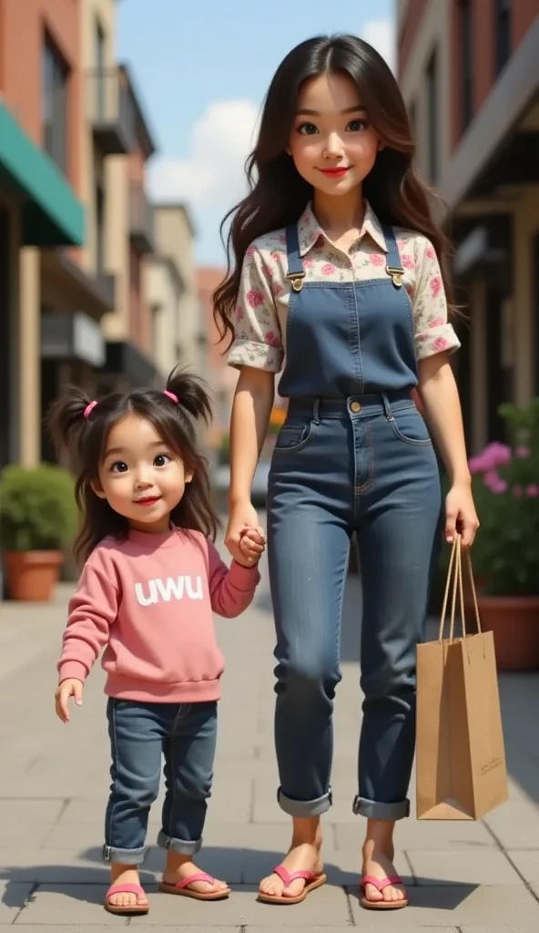 3D animation pixar of amira with long loose wavy hair without buns)), amira wearing floral print shirt and blue apron and jeans with pink sandal, standing up in market street with , amira holding hand with beautiful and cute ***********, blushing cheeks, wearing a pink sweater with "uwu" printed on the front ((uwu printed in white)), blue trousers, pink flip-flops, holding hands, pixar, 3d animations, woman holding shopping bag