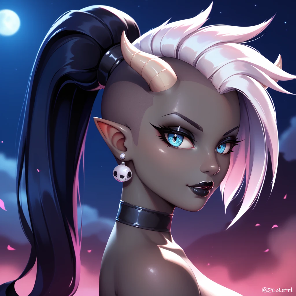 score_9, score_8_up, score_7_up, ((Masterpiece)), ((highres)), ((1person, 1girl, 1female)), Random poses, beautifully detailed succubus girl, ((white mohawk w/ponytail)), defined elf ears with ear guages, defined eyes, pastel iris, long eye lashes, defined nose, black lipstick, curvy, (((Black skin))), black demon horns, breasts, night sky, neo-gothic style, neo-gothic style art, gothic asthetic, (((neo-gothic background))), waist shot, 