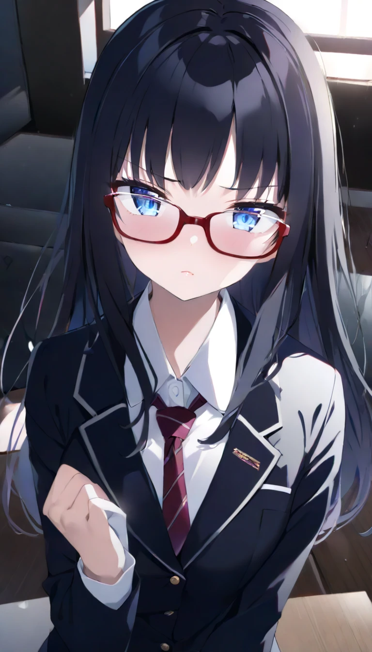 NSFW uncensored partial ban super high image quality, one girl, school blazer, uniform, chairman, purplish black hair, long hair, blue eyes, beautiful baby face, red slender, small square glasses, shiny skin, older sister looking down on viewers