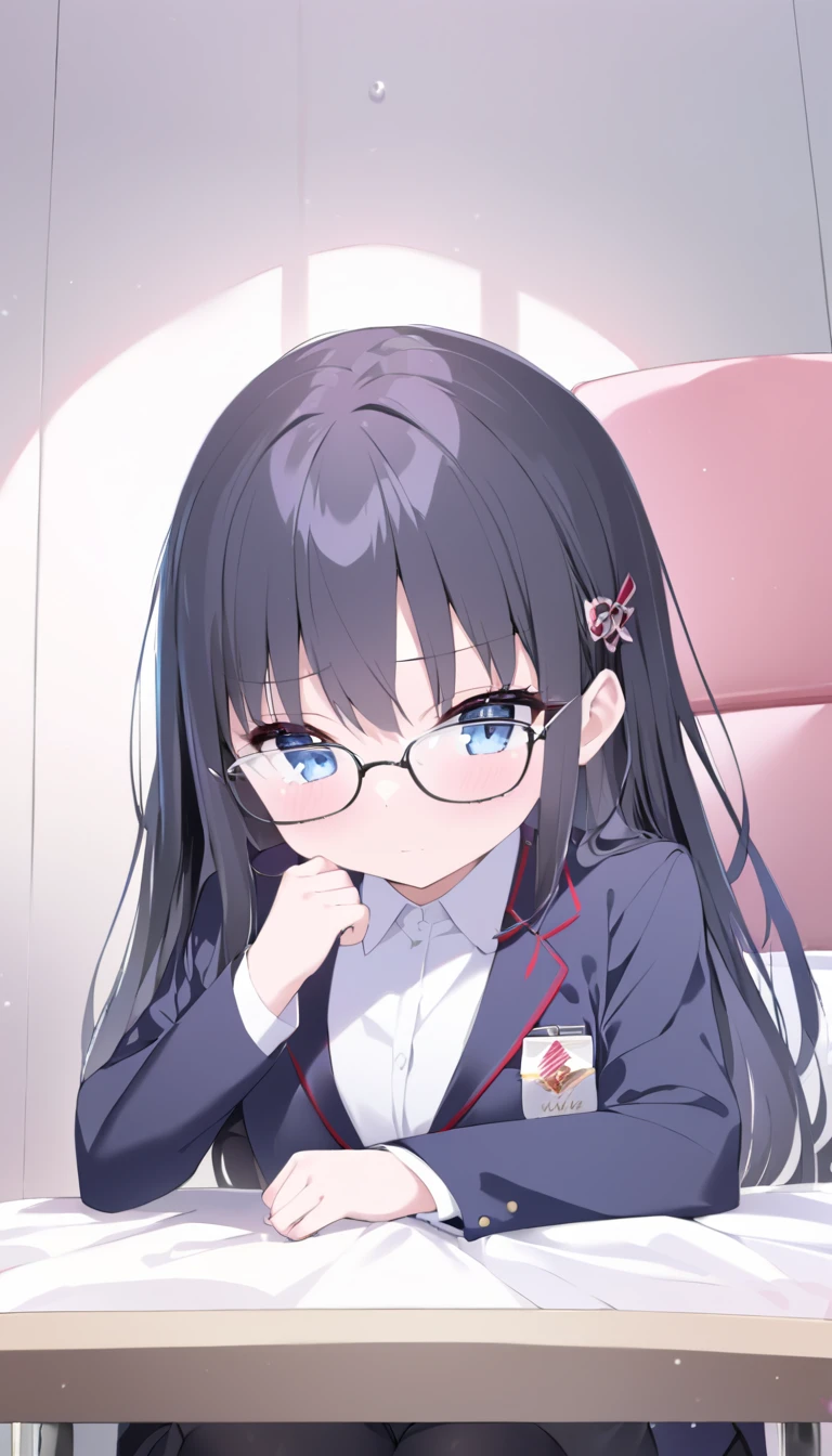 NSFW uncensored partial ban super high image quality, one girl, school blazer, uniform, chairman, purplish black hair, long hair, blue eyes, beautiful baby face, red slender, small square glasses, shiny skin, older sister looking down on viewers