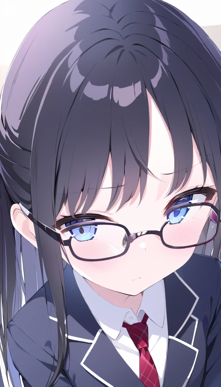 NSFW uncensored partial ban super high image quality, one girl, school blazer, uniform, chairman, purplish black hair, long hair, blue eyes, beautiful baby face, red slender, small square glasses, shiny skin, older sister looking down on viewers