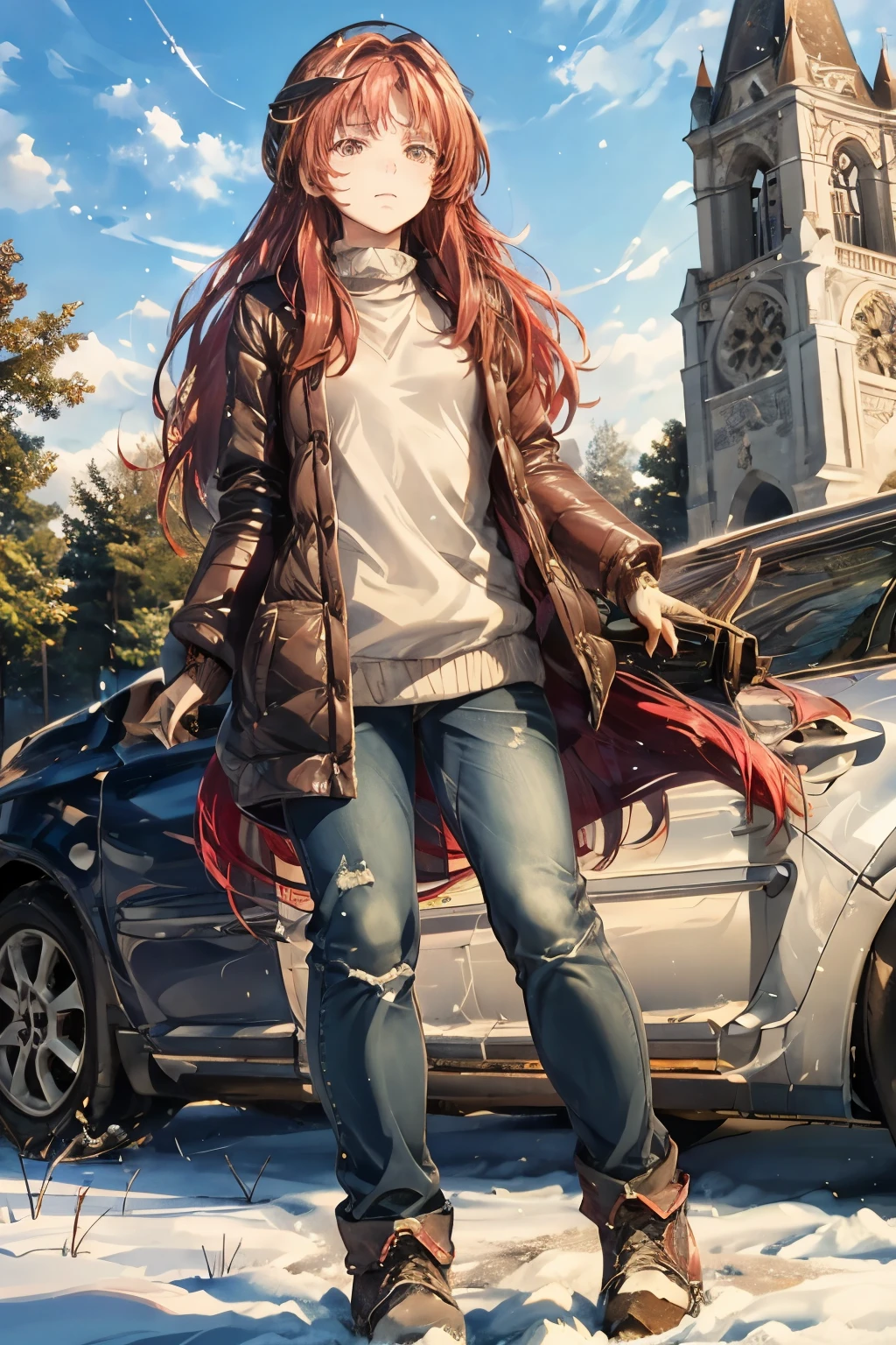 1girl,solo,long hair,red hair,multicolored hair,brown hair,pink hair,bangs,medium breasts,frown,
beige sweater, black jeans, boots, downcoat,  night, in front of church