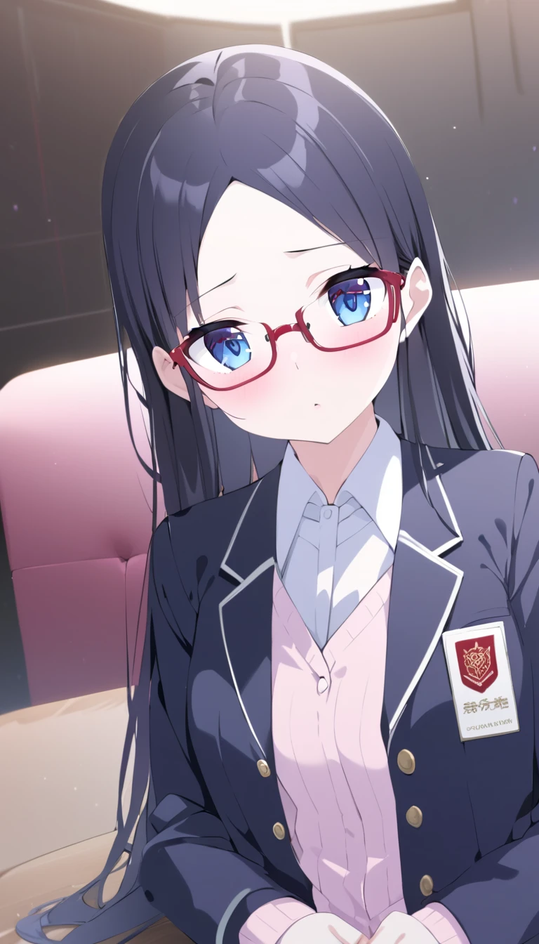 NSFW uncensored partial ban super high image quality, one girl, school blazer, uniform chairman, purplish black hair, long hair, blue eyes, beautiful baby face, red slender, small square glasses, shiny skin, older sister looking down on viewers