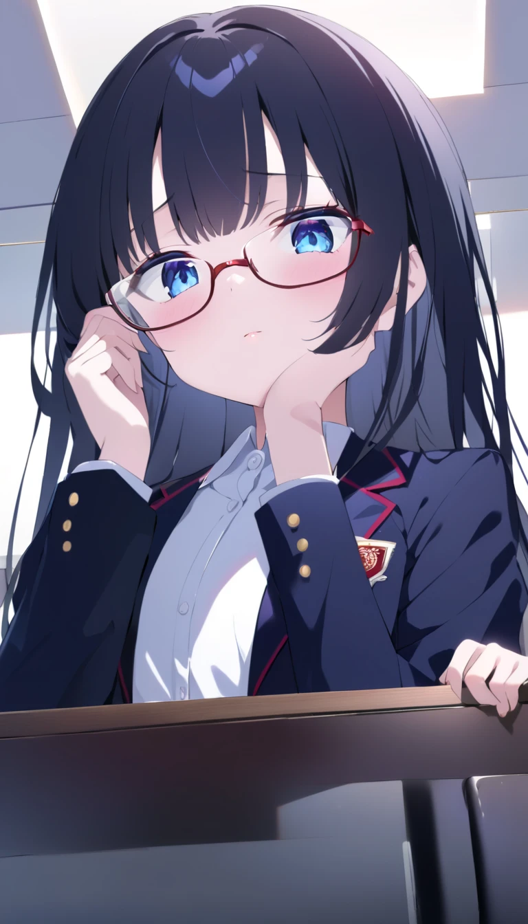 NSFW uncensored partial ban super high image quality, one girl, school blazer, uniform chairman, purplish black hair, long hair, blue eyes, beautiful baby face, red slender, small square glasses, shiny skin, older sister looking down on viewers