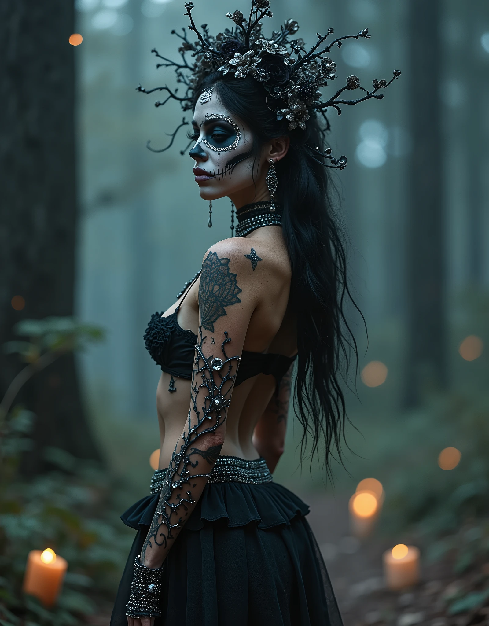 A woman tattooed black hair goth, dancing pose, hallowen monsters party, beautiful detailed, full body, pale skin tattooed, naked, night dark forest, creepy, gothic art, halloween, moody lighting, dramatic shadows, high contrast, colorful hallowen colors
