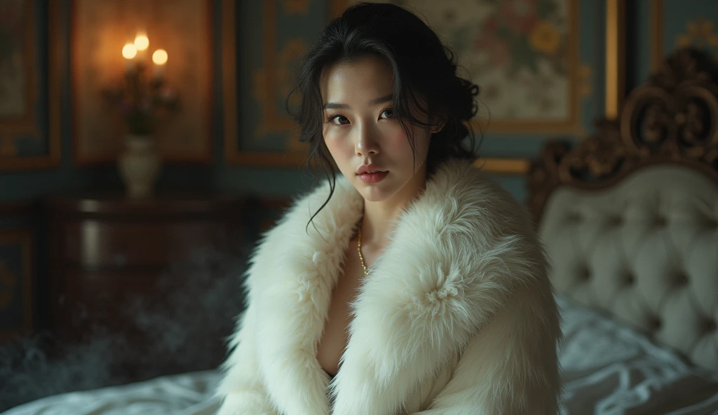 Asian Girl In White Fox Fur Coat, Knelling grabbing boobs under Fox Fur Coat. Sexy Eyes in a Hotel room.