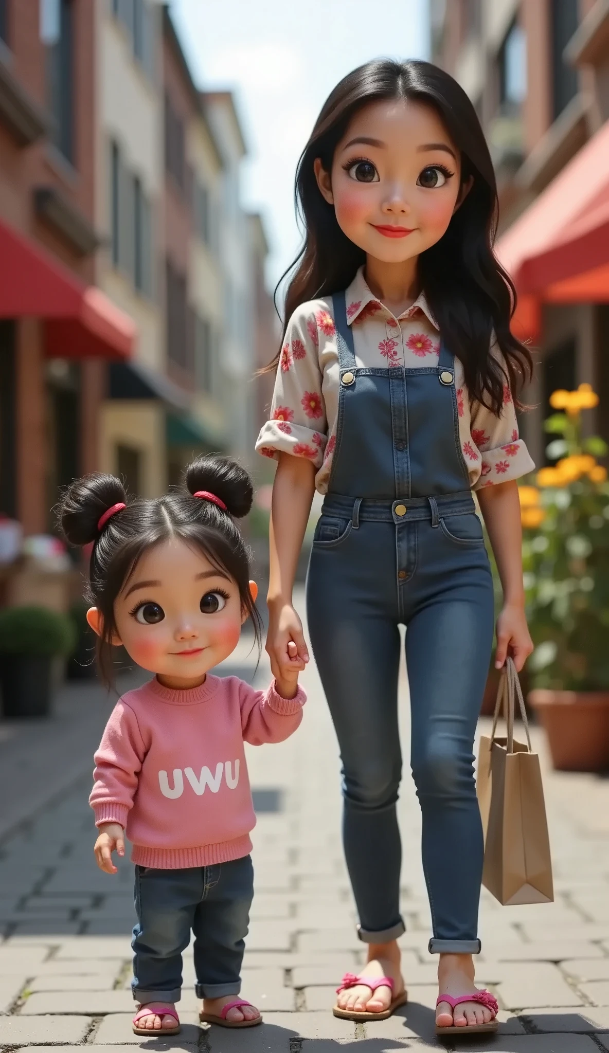 3D animation pixar of amira with long loose wavy hair without buns)), amira wearing floral print shirt and blue apron and jeans with pink sandal, standing up in market street with , amira holding hand with beautiful and cute ***********, blushing cheeks, wearing a pink sweater with "uwu" printed on the front ((uwu printed in white)), blue trousers, pink flip-flops, holding hands, pixar, 3d animations, woman holding shopping bag