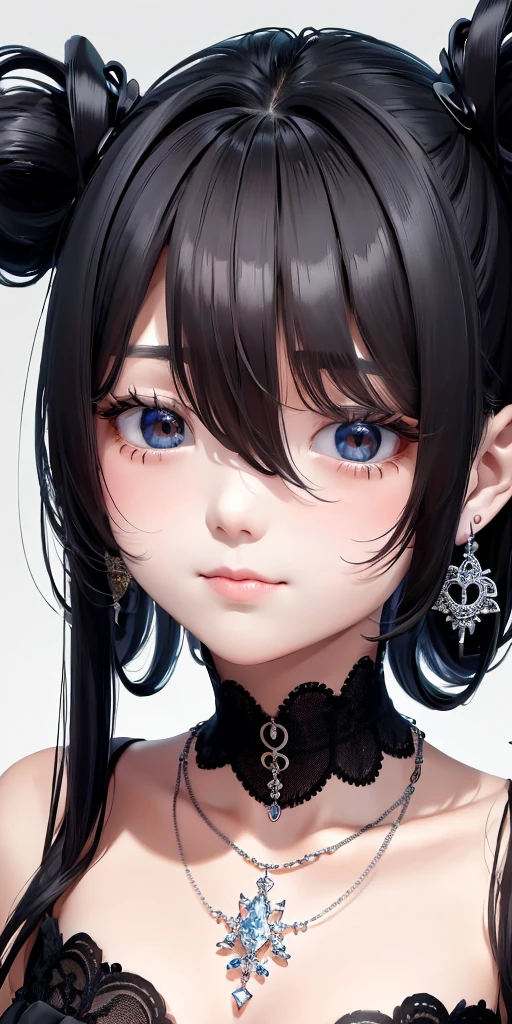 Bun black short hair、Let it shine, Beautiful pale blue odd eyes、Big double eyelid eyes、round face、eyeliner、Snow-white skin、shiny skin with shiny cheeks、