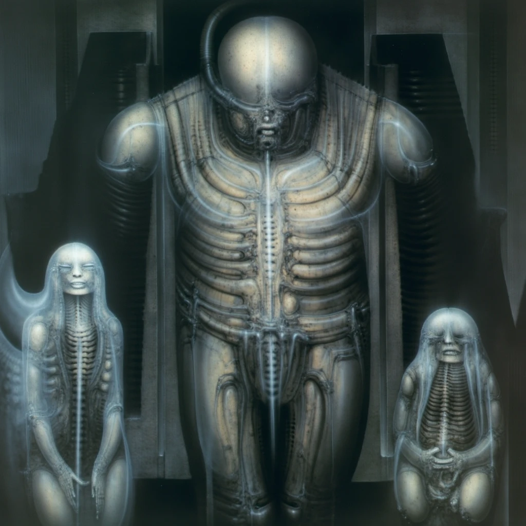 HRGGR, The image is a detailed view of H.R. Giger's biomechanical tableau \" Vlad Tepes \" plate, featuring The composition of Vlad Tepes shows an environment worked out in a way to give the impression of three dimensions.

 Sharp focus on foreground elements illustration. Deep and delicate DOF. Big painting. Stored in Louvre masterpiece, ooze soaked pajama top

AnatomicTech ,vessels, scifi