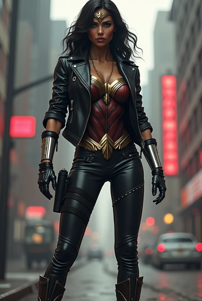 A beautiful black-skinned woman with long black hair under the mantle of the Amazonian warrior Wonder Woman, black leather jacket suit, red corset and black leather pants, long red knee-high boots, Diaema Wonder Woman on her forehead