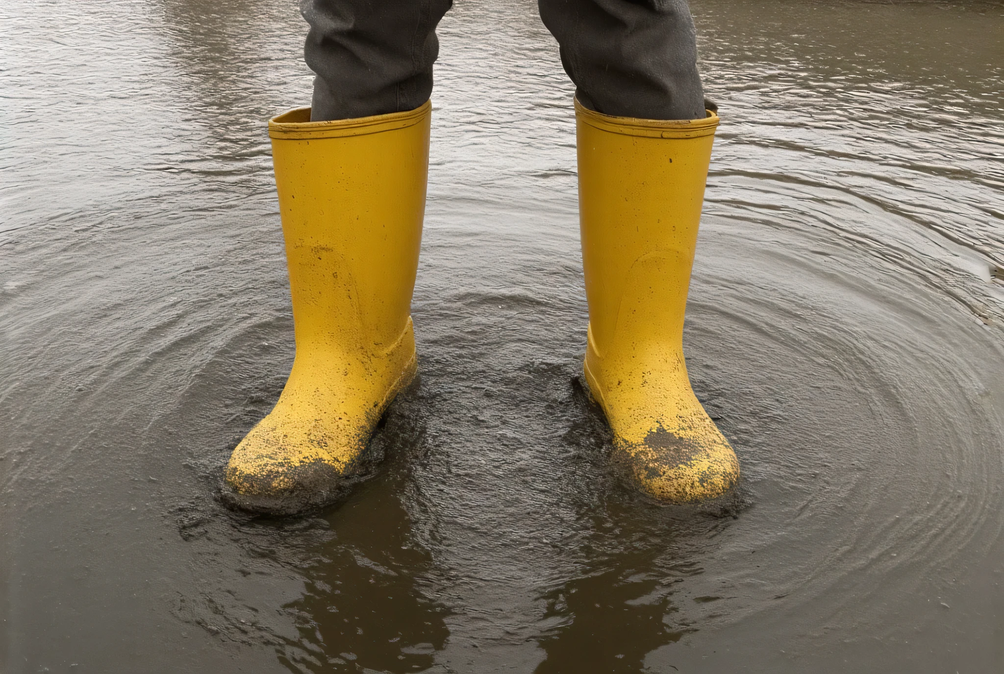 A pair of legs stands immersed in floodwater, surrounded by a light drizzle of rain that ripples gently across the water's surface. The legs are adorned with bright yellow rain boots, crafted with exceptional detail to appear realistic. The boots display subtle scuff marks and patches of dried mud, giving them a worn and rugged appearance. The floodwater reflects the raindrops and faint glimmers of light, creating a dynamic interplay of ripples and reflections. The overall atmosphere captures the essence of a rainy day, with the texture of the boots and the shimmering surface of the water meticulously detailed to evoke a lifelike and immersive scene.
