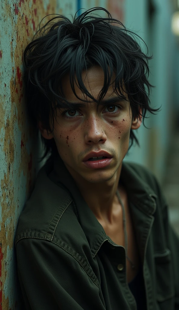 A sexy white teenage boy, with a lean, toned physique, standing tall yet weary, his muscles rippling from the intense exertion of a recent battle. His raven-black hair is disheveled, clinging to his damp forehead and neck, a testament to the effort and sweat that has been shed. His eyes, though slightly glazed over with fatigue, hold a fierce determination that speaks volumes about his will to fight. He is topless, revealing a chest adorned with an intricate tapestry of battle scars and tattoos, each telling a story of valor and survival. The boy's shorts are torn and tattered, hanging low on his hips, exposing the top of his black boxer briefs and hinting at the strength of his thighs beneath. The fabric of the shorts is stained with dirt and what appears to be blood, adding a raw, primal edge to his otherwise angelic visage. His chest heaves with deep, labored breaths as he leans slightly against a battle-scarred wall, one hand resting on his hip, the other loosely gripping a blood-stained sword that's almost as tall as he is. The lighting is dramatic, casting deep shadows across his body, accentuating the contours of his abs and biceps. The background is a blur of chaos, with the faint outline of a war-torn cityscape serving as a stark reminder of the tumult he has just emerged from. His youthful beauty, coupled with his battle-hardened demeanor, creates a captivating contrast that is both alluring and hauntingly powerful. The image exudes an aura of unbridled masculinity and sexual energy, leaving the viewer with a sense of awe and a longing to know more about the story behind this warrior's exhausted yet triumphant stance.