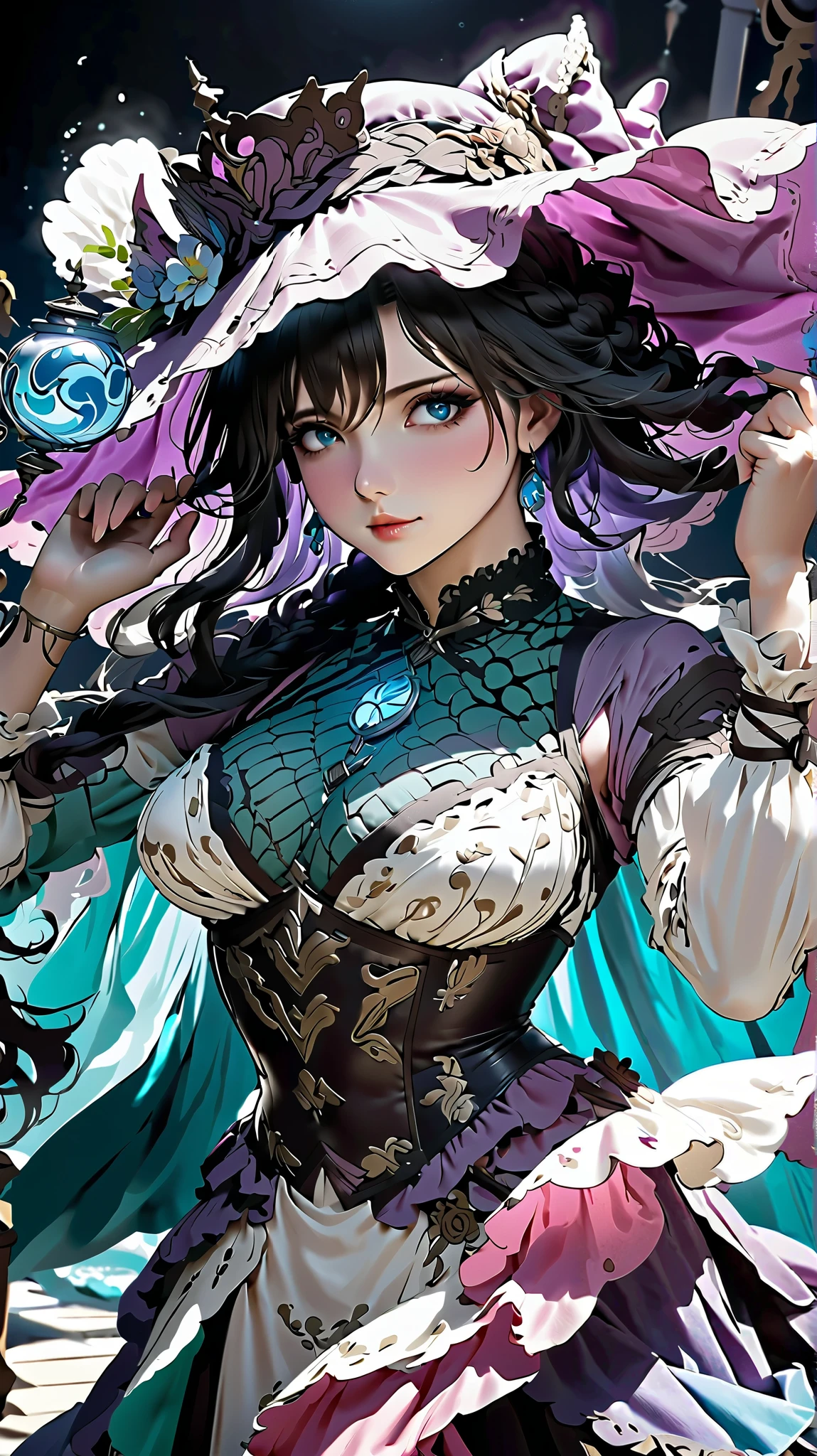 best quality,4k,8k,highres,masterpiece:1.2),ultra-detailed, extremely detailed eyes, extremely detailed body, (large masterpiece digital art), (detailed manga illustration), (detailed line art), ((perfect anatomy)), (intricate details:1.3), (ultra-detailed:1.3), (illustration:1.3), (sharp focus:1.3), (natural lighting:1.05), (vivid colors:1.3), (masterpiece), (best quality:1.4), (perfect anatomy:1.4), high quality, expressive eyes, full body, detailed face, beautiful face, perfect face, {1 girl}, In her human form, Danua possesses an aura of mystery and quiet strength. She stands at a moderate height, around 5 feet 8 inches tall, with a slender yet athletic build that speaks of both grace and resilience. Her complexion is a rich, dark hue, reminiscent of polished mahogany, lending her an air of exotic beauty that sets her apart in any crowd. Danua's features are striking yet enigmatic, with high cheekbones, a sculpted jawline, and full lips that often curve into a thoughtful expression. Her eyes, a deep emerald green, hold a glint of intelligence and intensity, hinting at the depths of wisdom and experience hidden within. Cascading waves of black hair frame her face, falling in loose curls that dance with every movement, adding to her ethereal allure. She often keeps her hair partially concealed beneath a hooded cloak, adding to her mysterious aura. In her attire, Danua favors garments that blend functionality with elegance, often opting for dark colors and flowing fabrics that allow for of movement. She may be seen wearing a long, flowing cloak that billows behind her like a shadowy veil, adding to her air of mystique., dynamic lighting, 4k resolution, dynamic pose, gothic background, steampunk_costume, hat, curvy, gothicpunkai, jim lee, ((dark skin)), (dark skinned female), black hair, ((pants)), belts, dark cloak,