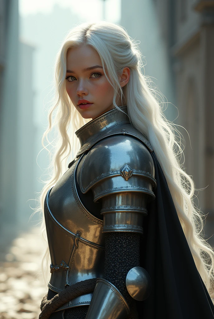 a beautiful woman, blue eyes, long white hair, defined body, wearing detailed Victorian-era mask and armor (( super strong )), masterpiece, best quality, ultra-detailed, ground, destroyed city background, shadows, contrast, clear sky, analog style (look at viewer:1.2) (skin texture) (film grain:1.3), ultra-high resolution, octane render, 16k