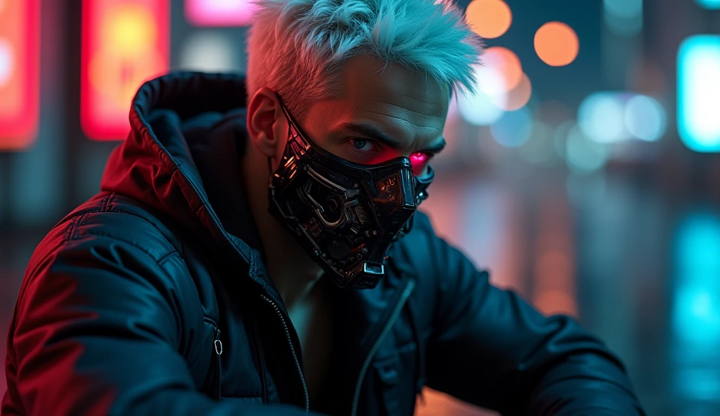 "dark theme :: closeup face focus, ultra realistic futuristic cyberpunk muscular male white hair sitting :: cyberpunk face (cyber eyes) :: cool cybernetic punk jacket red neon eyes :: shirtless:: mechanical intricate mask :: natural lighting :: bokeh :: 8k :: best quality :: masterpiece :: futuristic cityscape background"