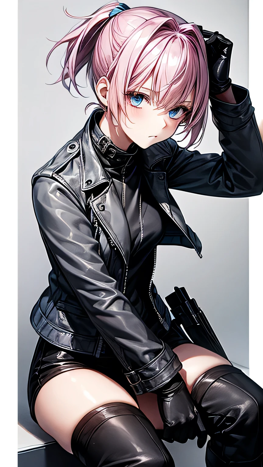   one girl， pink hair， short ponytail ， short hair， light blue eyes， grey leather jacket，black leather pants，black finger cutting gloves  ，  black boots，Around town，  best quality，  Masterpiece 