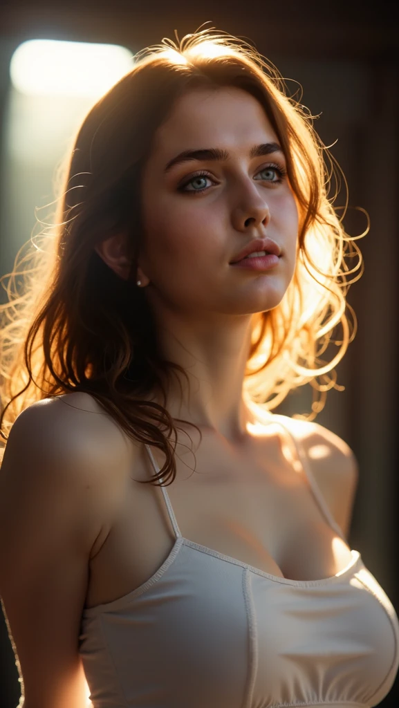 (((ultra realistic))) Photo, masterpiece, top quality, (pale skin), (Ultra detailed face and eyes:1.3), 1 girl, Adult, in a T-shirt, full body, (Eye makeup, mascara) , ((large detailed lips)), ((ash wavy hair)), ((Chyolka)) , (Natural breasts), Slim waist. ((Posing)), photoshoot, studio (soft lighting), (The play of light and shadows), depth of field, bokeh, (special attention to skin detail: 1.2), Detailed leather texture, skin pores. (Airy atmosphere of the frame. Color range - delicate, Bright, white, Pink tones), UDR, ((Film grain)), ((rays)), ((glare of the sun)), ((waist up portrait, close to the camera)) , ultra detialed,