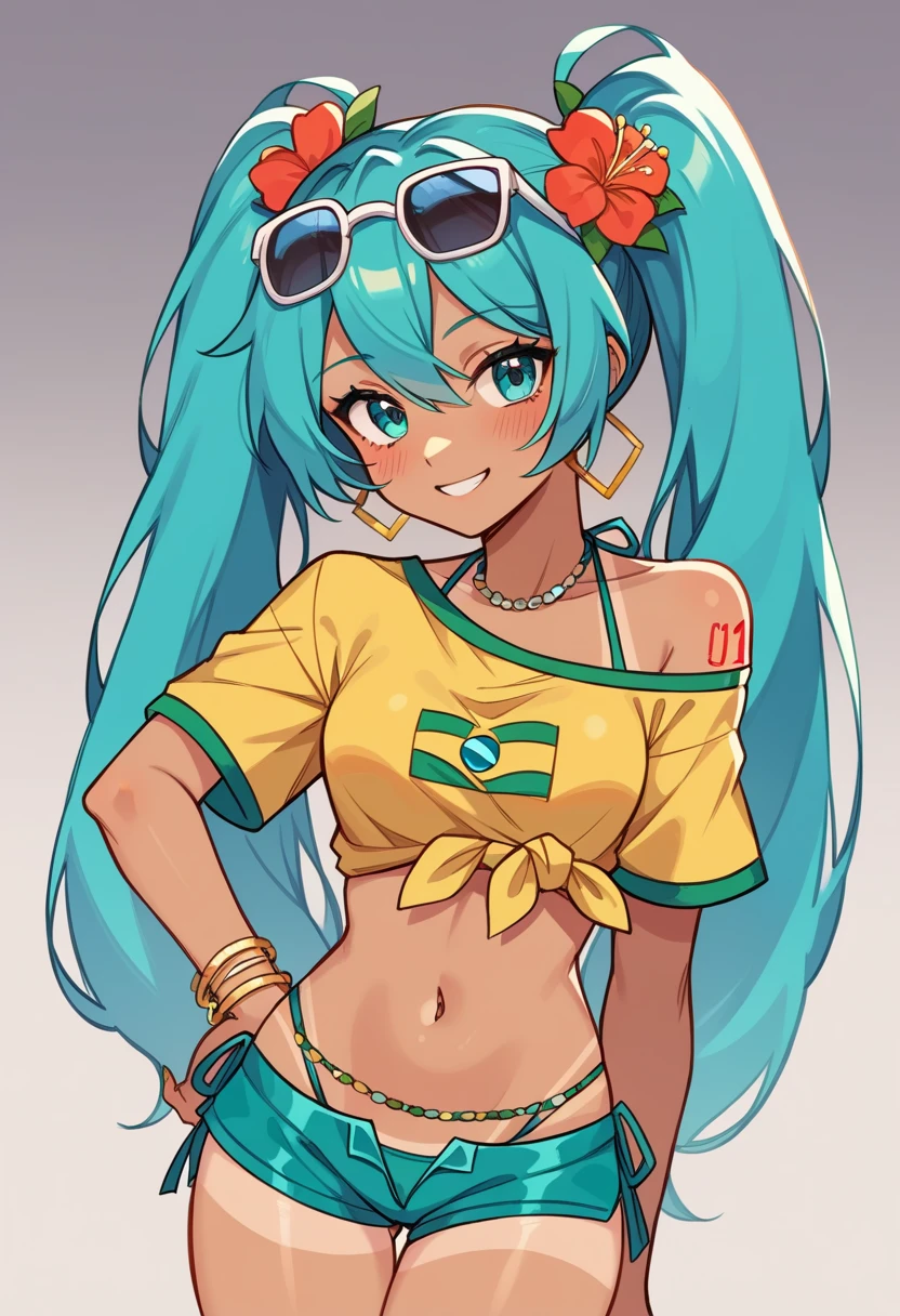 Rating_explicit, masterpiece, Hatsune Miku, masterpiece, Hatsune Miku, brmeek, twintails, long hair, dark-skinned female, tanlines, hair flower, hoop earrings, eyewear on head, necklace, yellow shirt, midriff, jewelry, belly chain, bracelet, bikini under clothes, side-tie bikini bottom, short shorts, brazilian flag print, single bare shoulder, side tie, tied shirt, nsfw