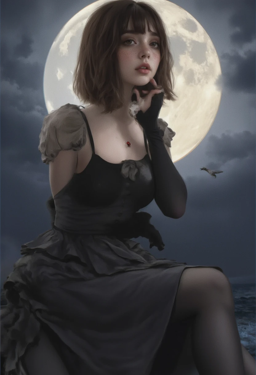 ((masterpiece, top-notch quality, Ultra HD, highly realistic, deeply detailed 8k wallpaper)), (mysterious allure, serene beauty, delicate features, beautiful body:1.4), Moonlight Glow, portrait of Virtual Idol in long, flowing dark dress, soft, introspective gaze