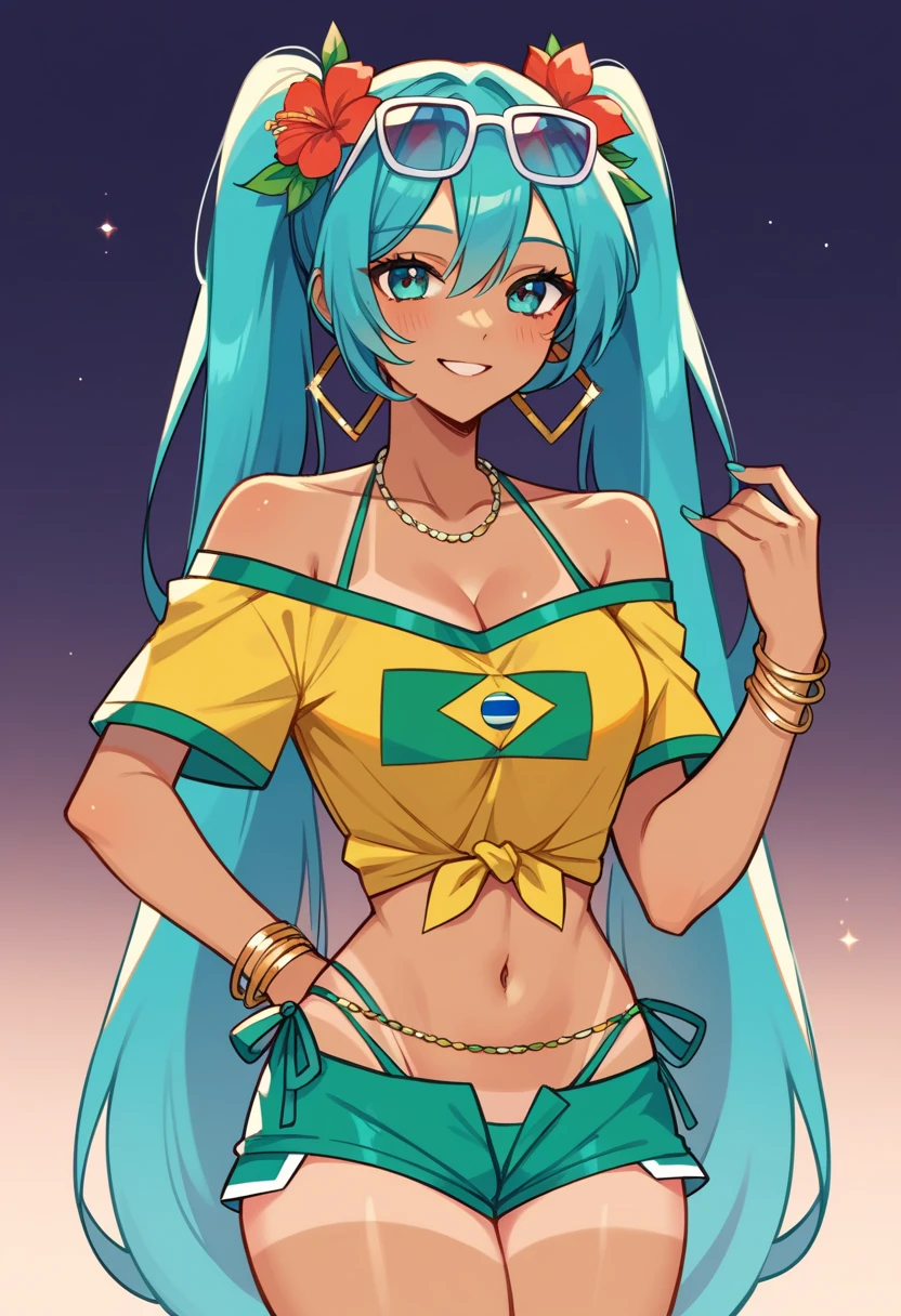 masterpiece, Hatsune Miku, masterpiece, Hatsune Miku, brmeek, twintails, long hair, dark-skinned female, tanlines, hair flower, hoop earrings, eyewear on head, necklace, yellow shirt, midriff, jewelry, belly chain, bracelet, bikini under clothes, side-tie bikini bottom, short shorts, brazilian flag print, single bare shoulder, side tie, tied shirt, nsfw, cleavage 