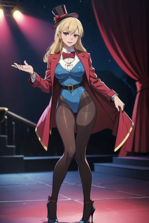 Selene, ftselenecas, long hair, blonde hair, pink eyes, mature female, large breasts, stage, 1girl, solo, smile, red top hat, pink bow, blonde hair, long hair, low-tied long hair, pink eyes, earrings, jewelry, long sleeves, red jacket, red coat, red bowtie, red tailcoat, light blue vest, blue leotard, black pantyhose, red high heels