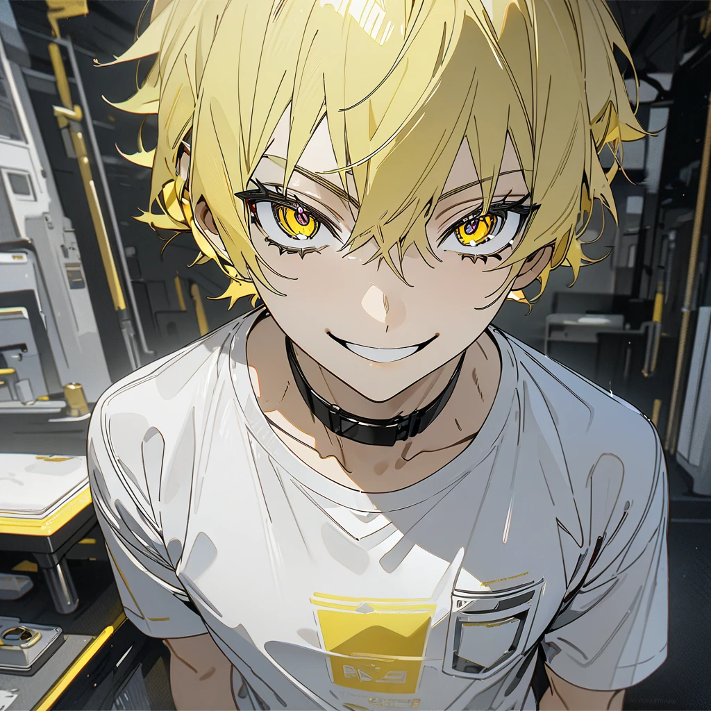  Top Quality, masterpiece,  high resolution, 8k, male,  yellow hair , Yellow eyes , White T-shirt,  Suspicious Laboratory , smile,  black choker inside the lab