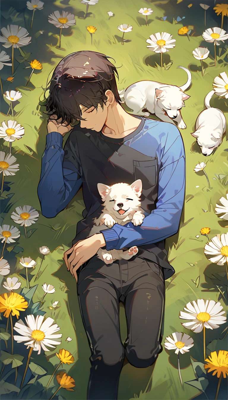 masterpiece, best quality, 8k, 4k, 1boy, , sleeping, dark blue hair with red stripes, blue long sleeve shirt, short pale brown pants with pocket, lay down on the field,  white puppy sleeping next to the boy, siberian white puppy, white dandelions fields, dandelions Taraxacum erythrosperm, wind blowing, sleeping on the fields, finely detailed eyes and detailed face, inspired by Asukaziye artist : ask, art style : ask