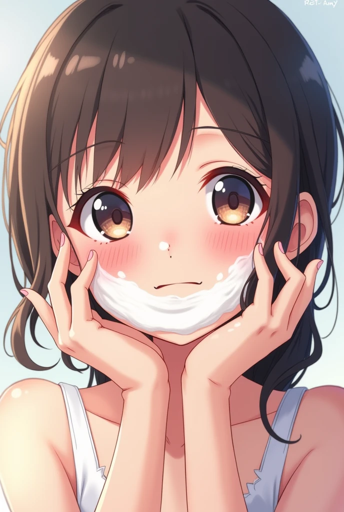 score_9, score_8_up, score_7_up, source_anime, 1 girl, (dark skinned:1.5), black eyes, black hair, smiling, cum on face, naked, shy, chest squeezing